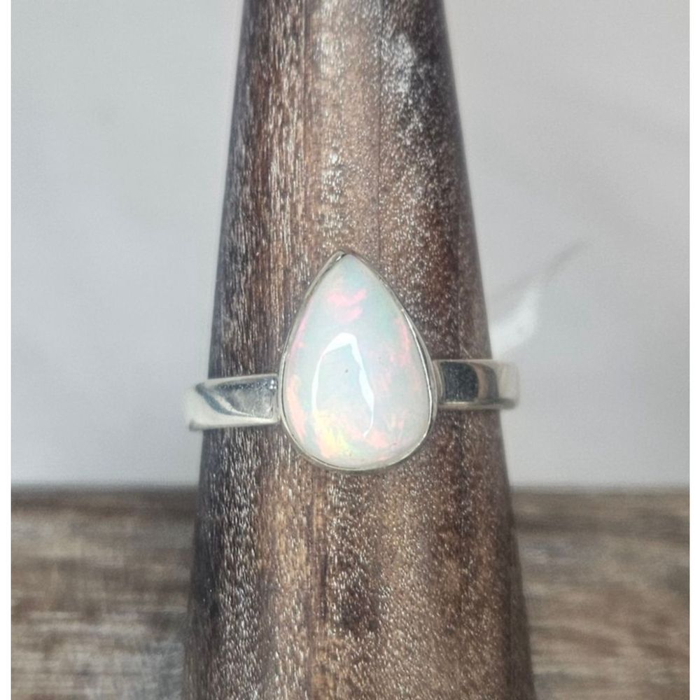Fine Natural Ethiopian Welo Opal Teardrop Ring in Solid Sterling Silver Sz 7